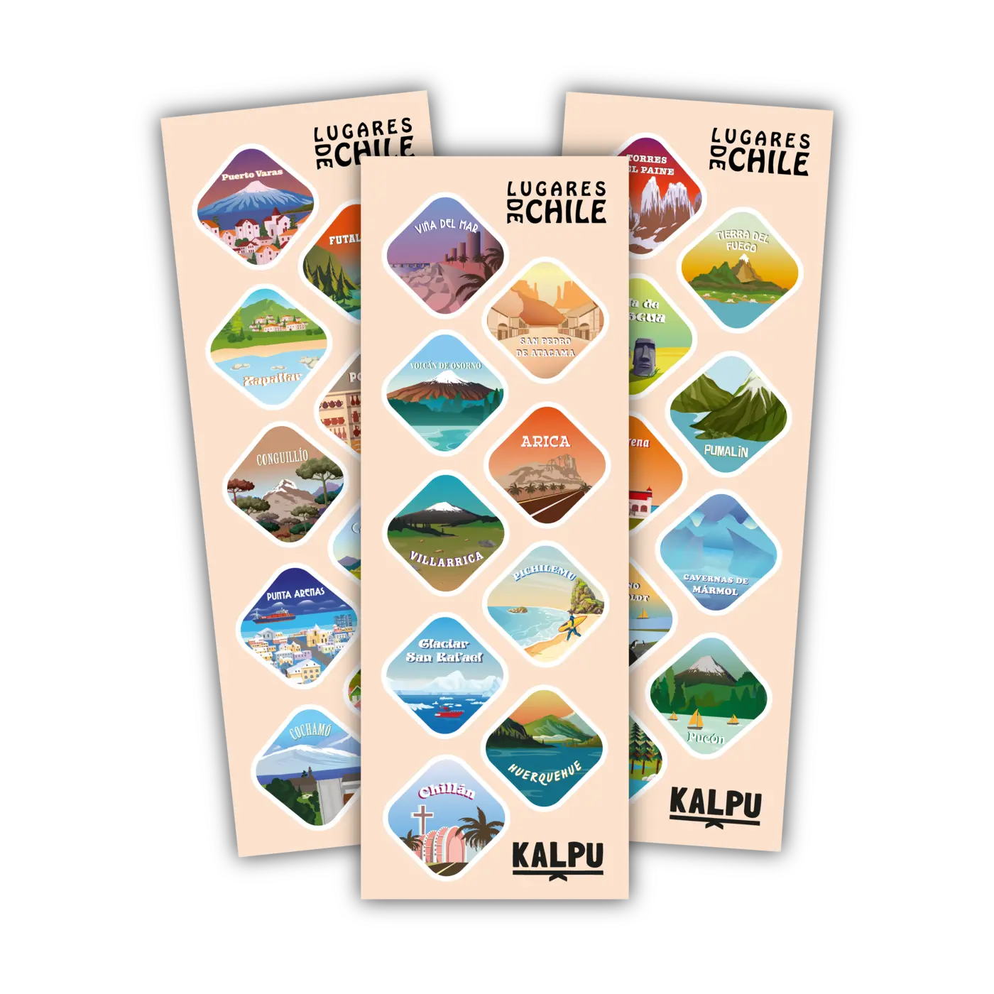 Las 3 láminas con los stickers de lugares de Chile