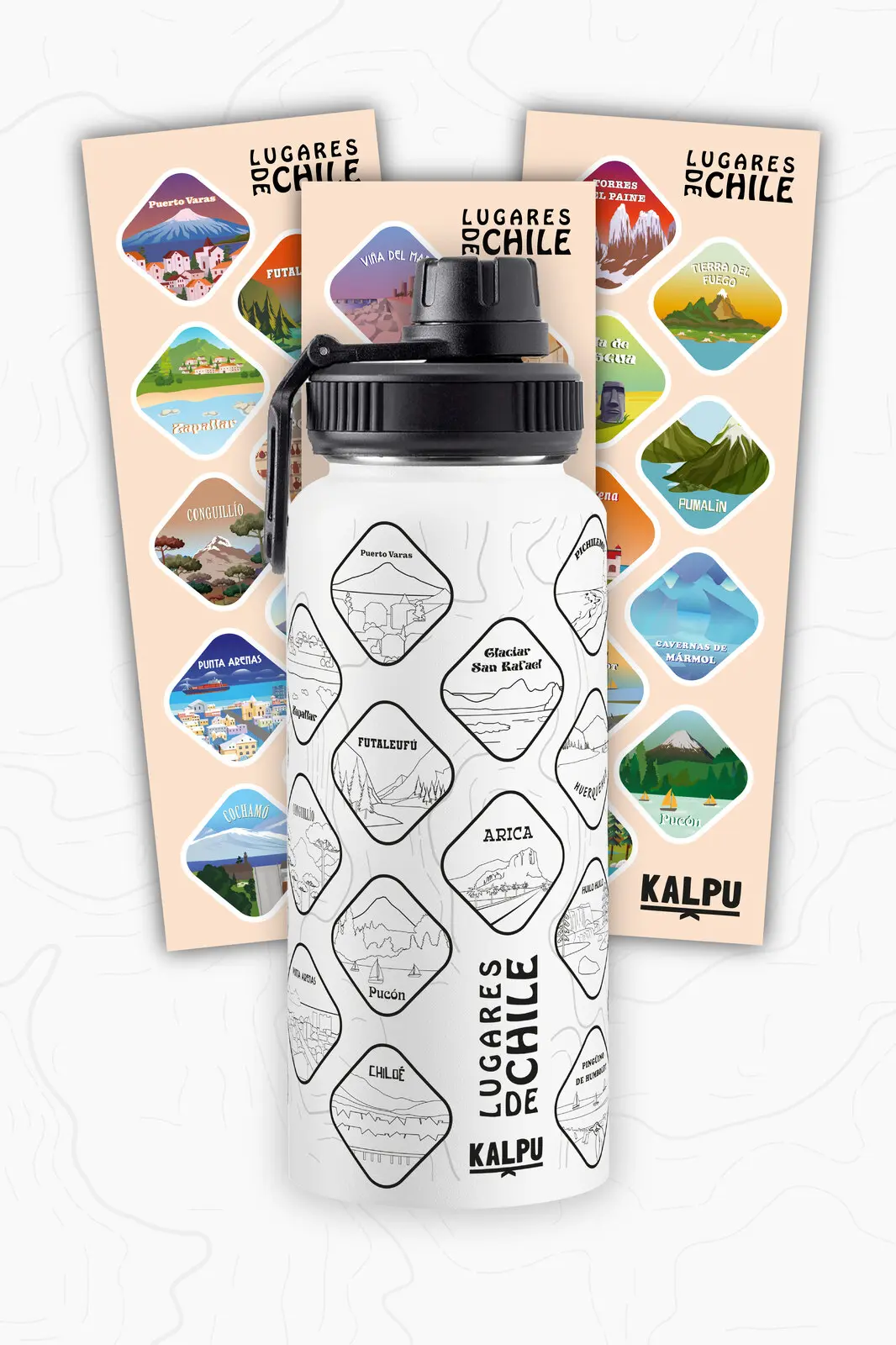 Botella Kalpu en contorno junto a las láminas de stickers a color
